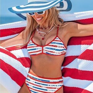 Cupshe Red and Blue Striped Bikini Bottom   D